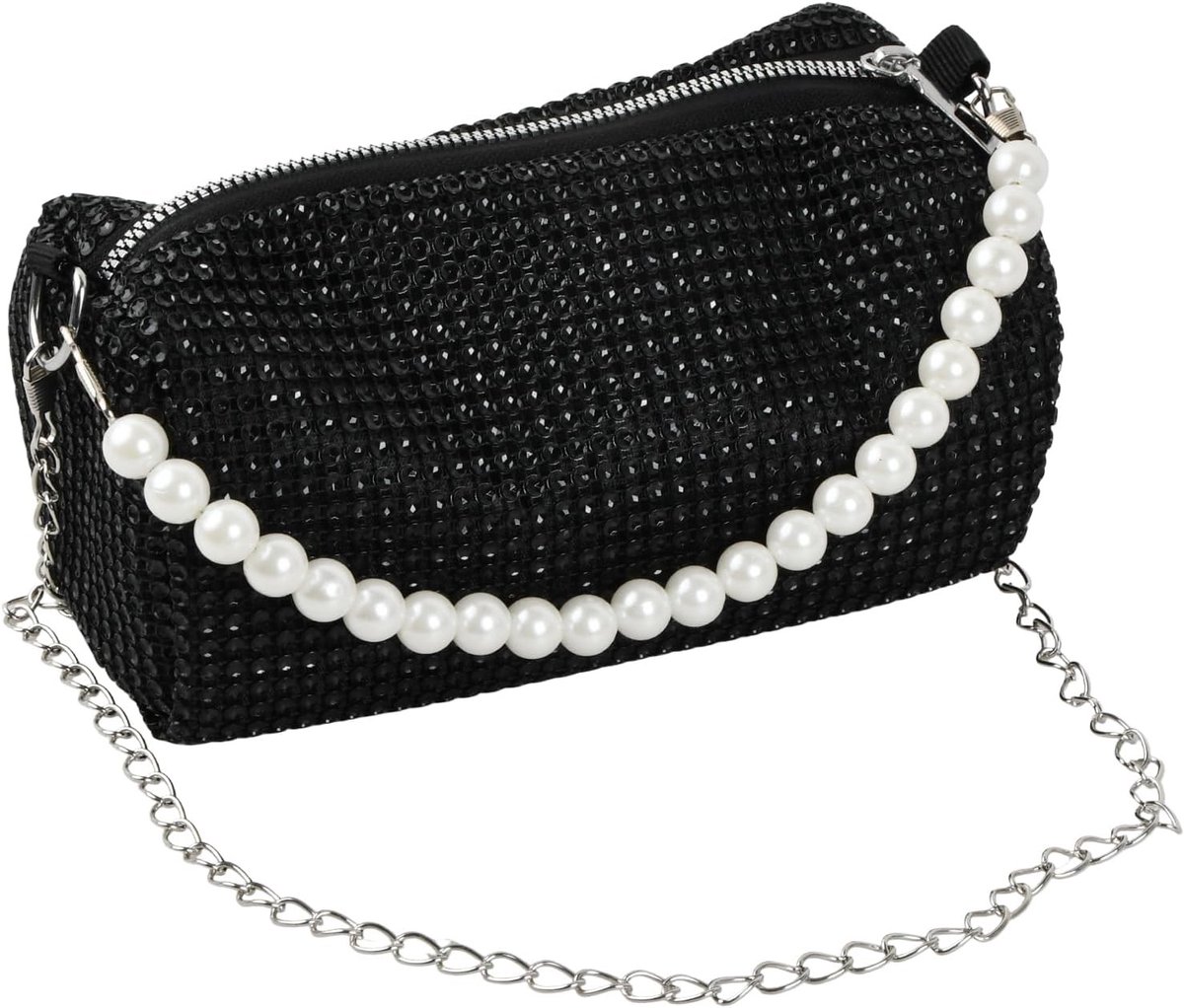 Stijlvolle zwarte clutch met glitters en rhinestones - Avondtas met parelketting en schouderband voor dames, perfect voor feestjes en uitgaan