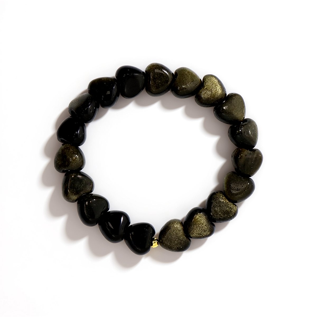 Cavill - Elastisch Gouden Obsidiaan Armband - 18 cm Stretch - 107,73 ct Hartvormige Gouden Obsidiaan & Ronde Gouden Hematiet - Elegant