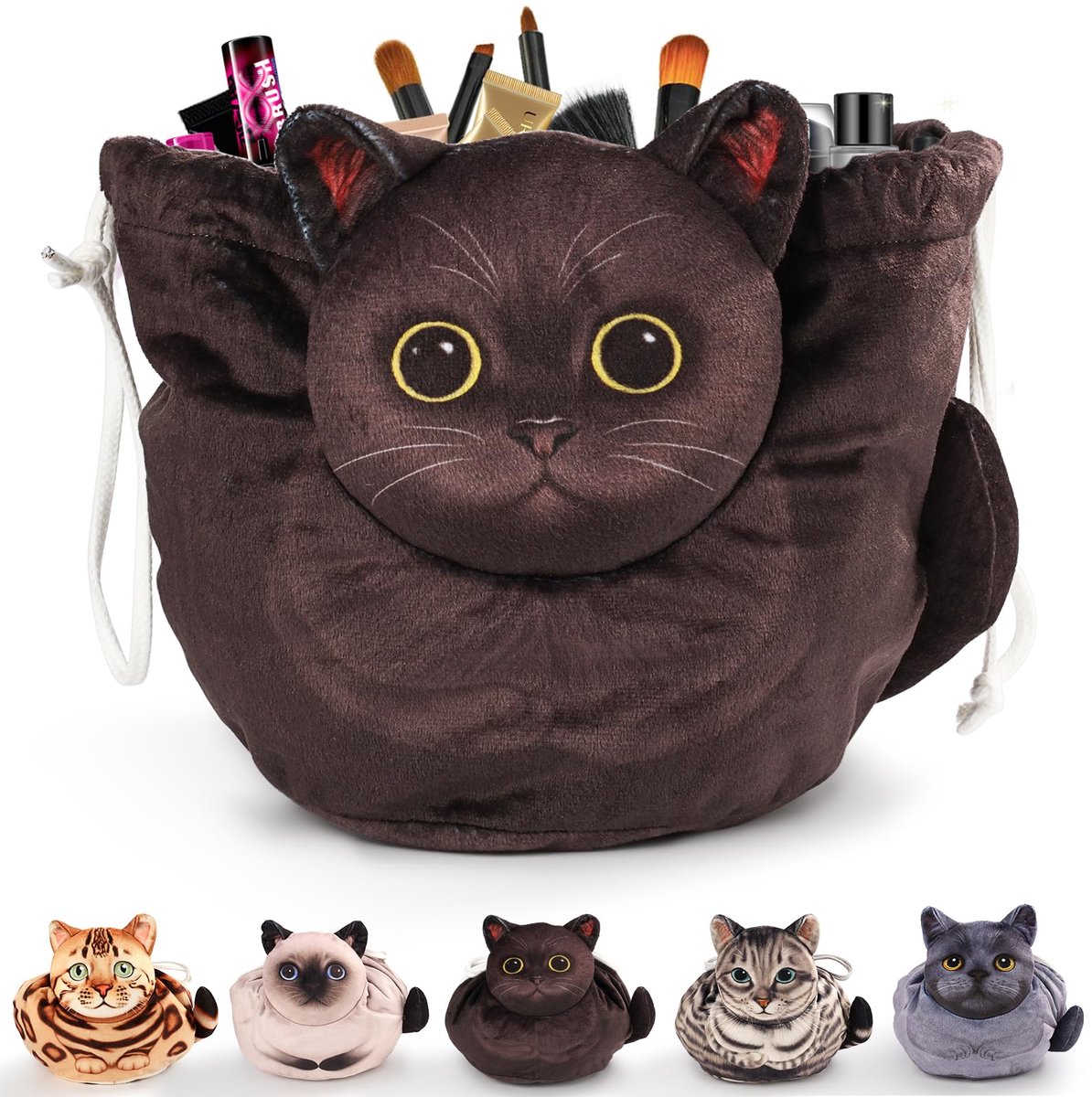 Make-uptas met koordsluiting - zwarte kat - vlakliggende make-uptas - ideaal voor reizen - ShopVlot
