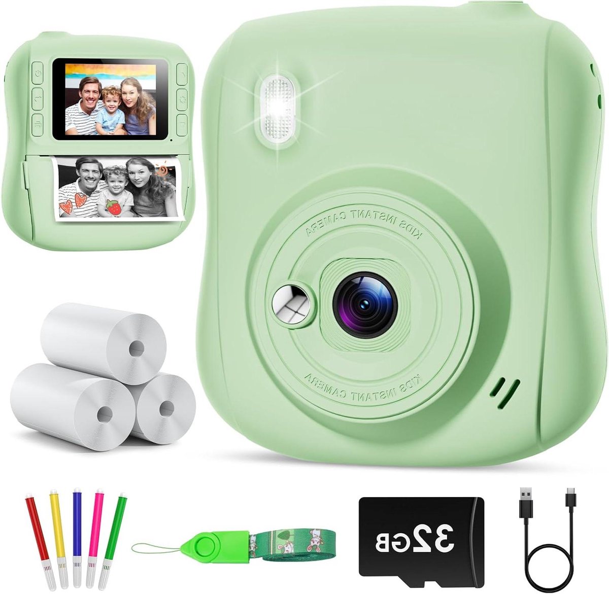 Kinder Camera - Instant Camera - Foto's Maken - Direct Printen - 32 GB Kaart - Groen