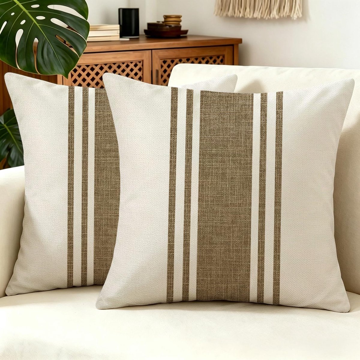 Kussenhoezen 40x40 - Bruin Beige Gestreept Linnen - Decoratieve Kussenslopen - Perfect voor Bank en Sofa - ShopVlot