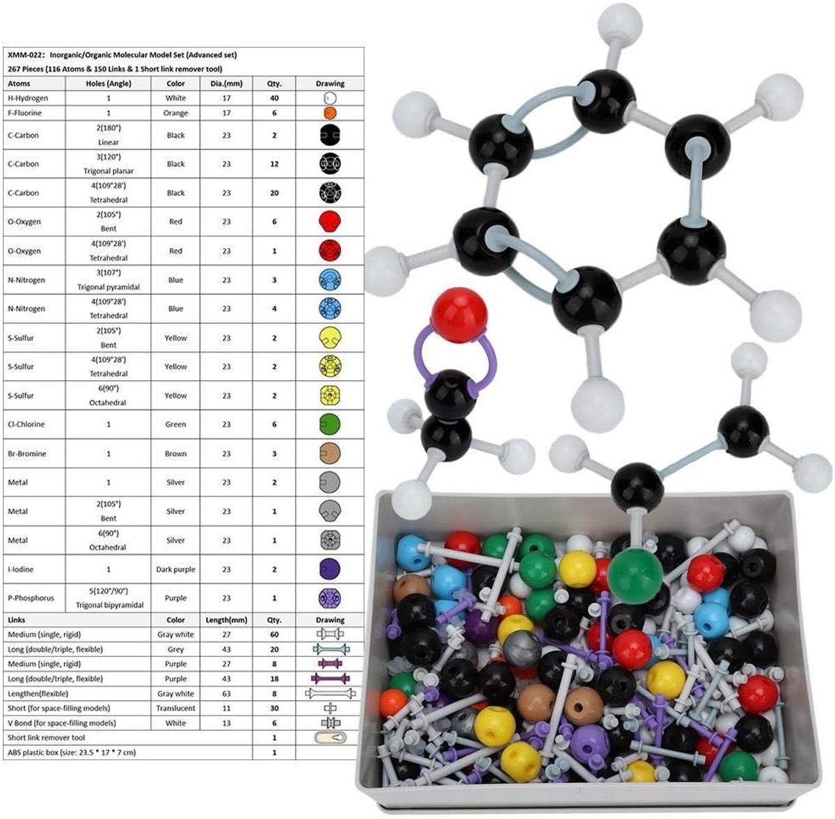 Educatief Chemie Modelset met 267 Onderdelen - Organische en Anorganische Atomen, Bindingen en Opbergdoos voor Studenten en Wetenschappers