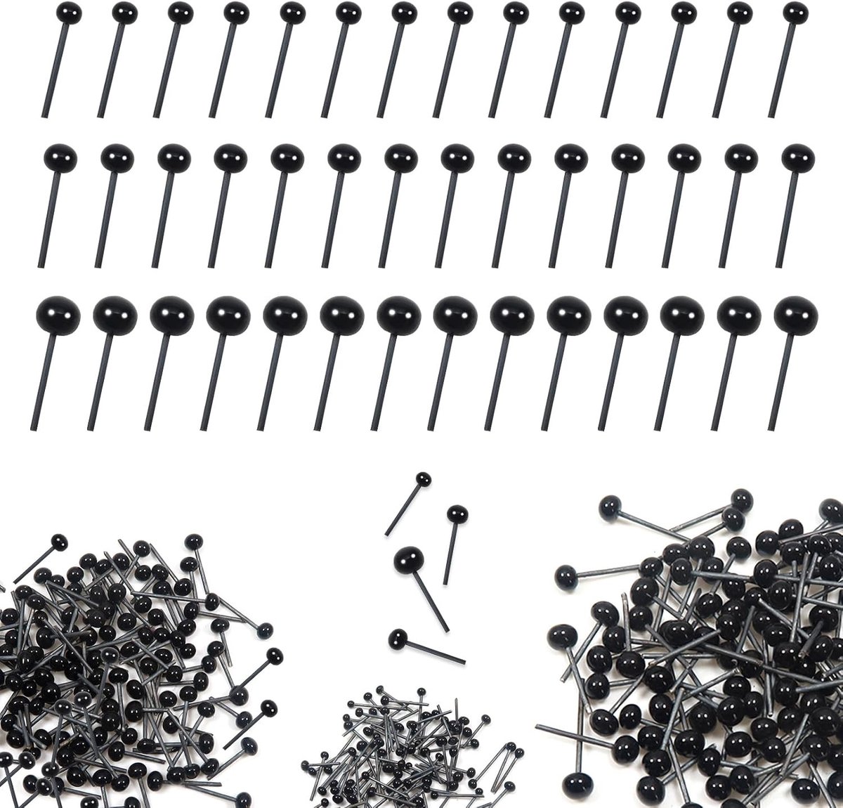 300 Stuks Kleine Veiligheidsogen Zwarte Glazen Ronde 2mm 3mm 4mm Mini Pop Ogen met IJzeren Pen voor Pluche Handpoppen en DIY Handwerk
