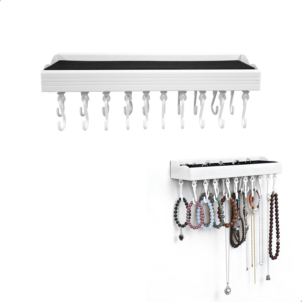 Sieradendoosje voor dames, grote sieradenorganizer met 20 haken en 20 vakken voor ringen, oorbellen en armbanden, wit, 30 x 10 x 9 cm, perfect voor het opbergen van sieraden