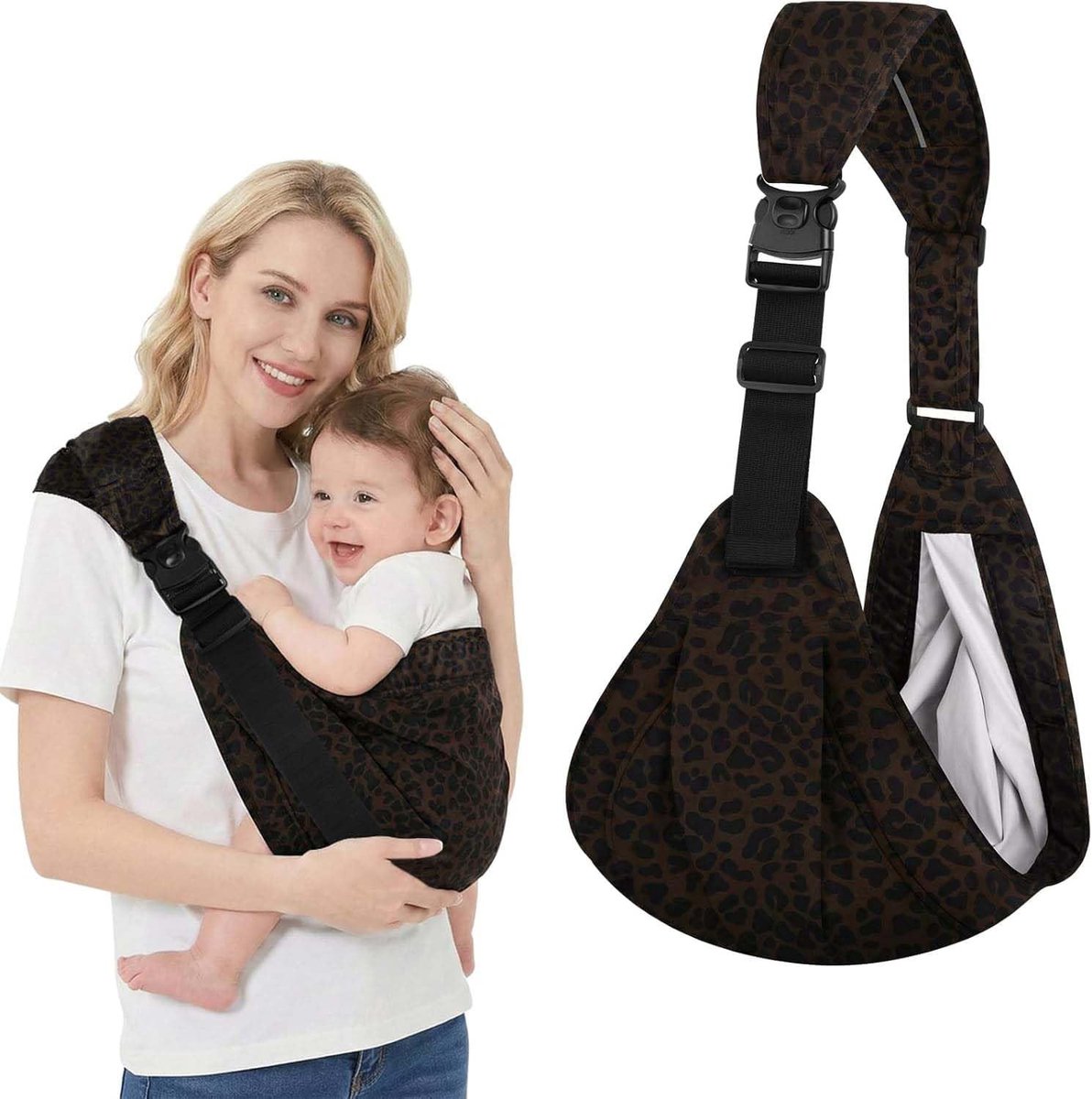 Ergonomische draagzak voor baby's, comfortabel en lichtgewicht, geschikt voor pasgeborenen tot 20 kg, met een trendy luipaardprint