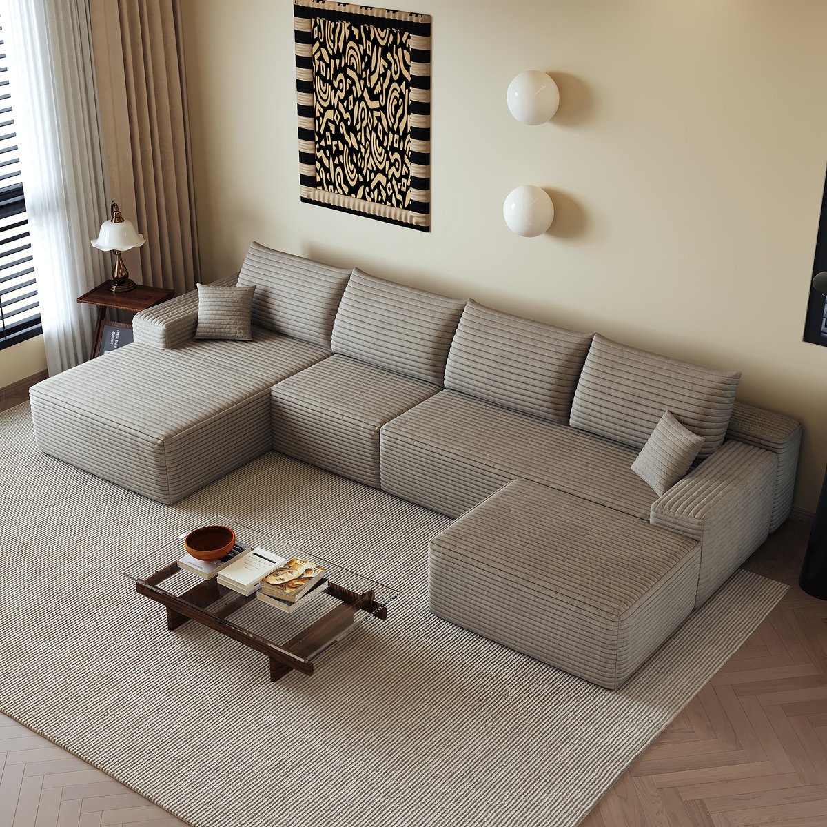 DESMIU Hoekbank 340 Cm - Modulaire L-Vormige Chaise Longue - 5-Zits Voor Woonkamer En Appartement - Corduroy - Camel