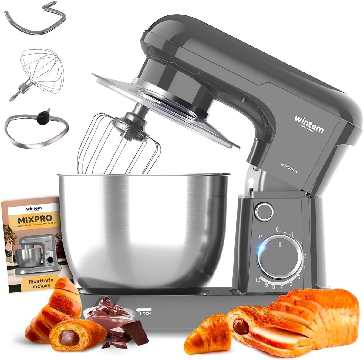 Kneedmachine - Grijs - 4,5 l - Roestvrij Staal met 1000 W Vermogen - Voor Deeg en Mixen