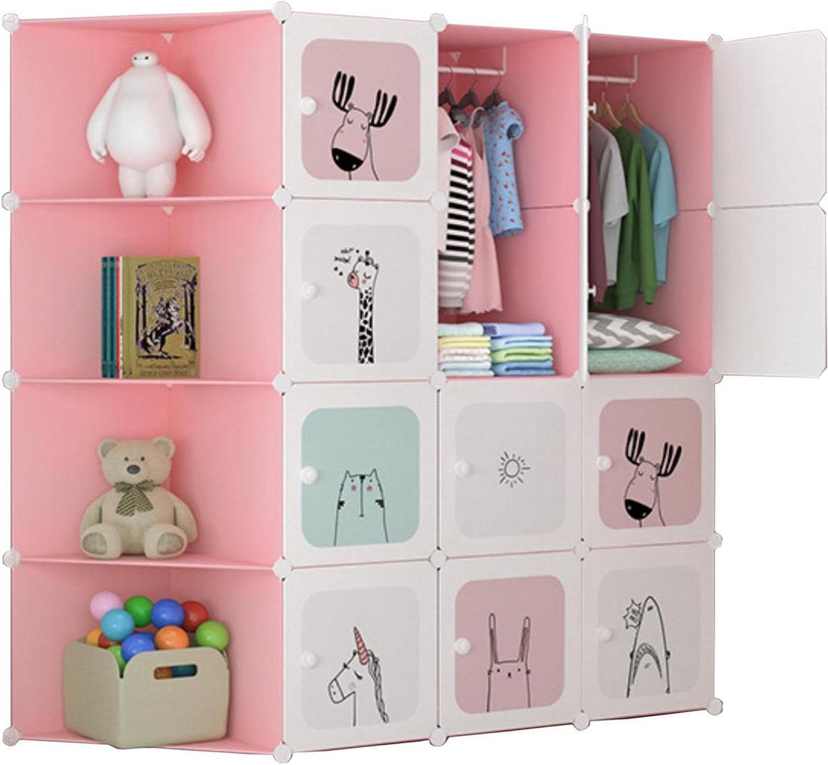 Modulaire Kledingkast - Kindergarderobe Organizer - Opbergen Thuis - Aanpasbaar 16 Modules - 140x105 cm - Roze