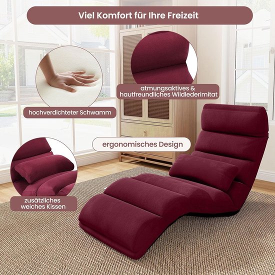 Relaxstoel inklapbaar - Vloerstoel ligstoel - Ontspannen lezen gamen - Verstelbare rug en steun - 175 x 55 cm - Rood — afbeelding 3