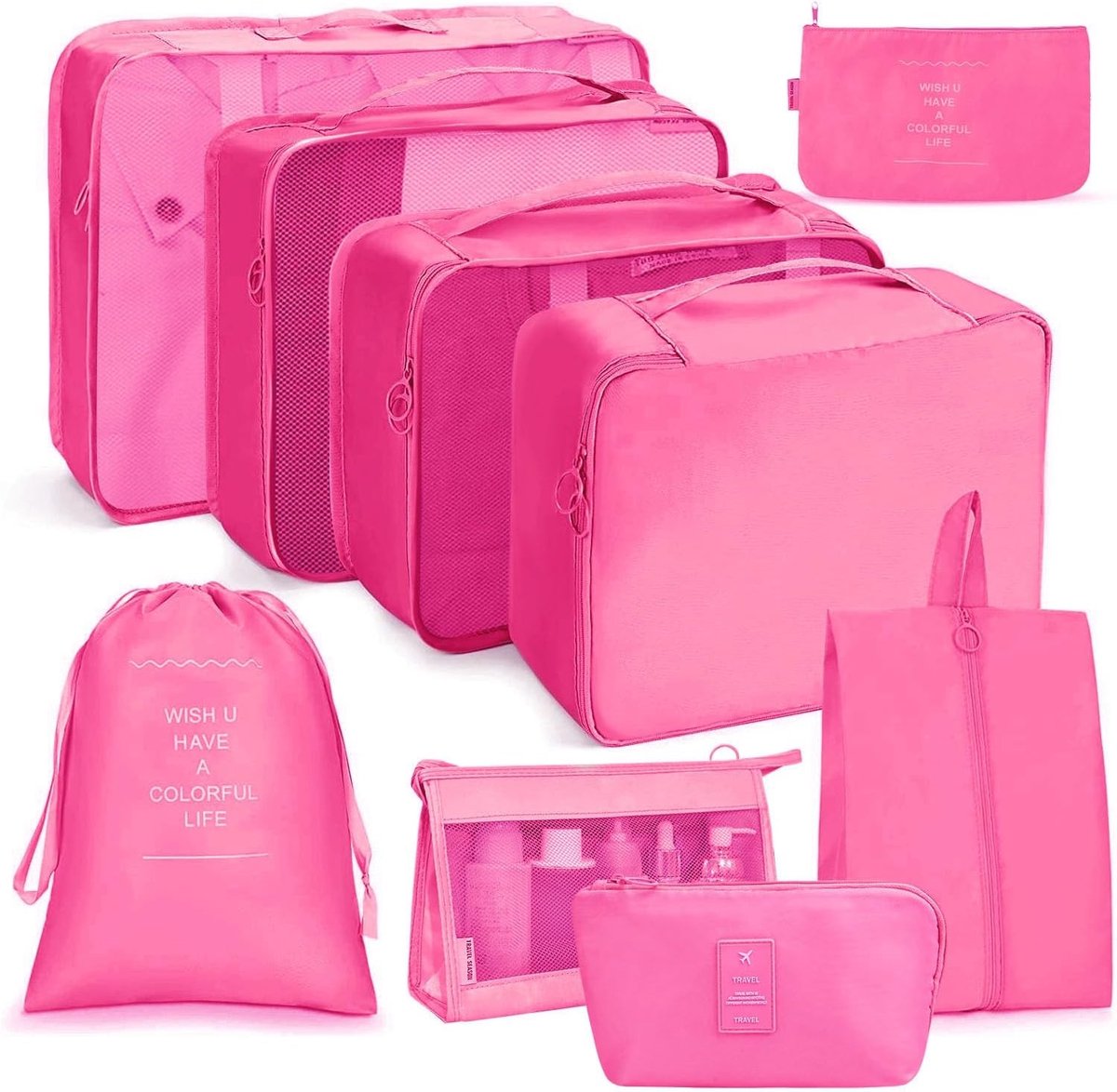 Reisopbergdozen Set van 9 Stuks, Waterdichte Koffers Organizer, Essentiële Accessoires voor Efficiënt Inpakken en Reizen (Roze)
