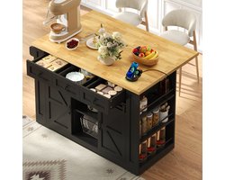 Mobiel Keukeneiland met Uitklapbaar Werkblad 130x50(80)x87 cm - Schuifdeuren - 3 Laden - Verstelbare Planken - 3-Staps Rek - Handdoekenrek - Stopcontact+USB - 360° Vergrendelbare Wielen - 5-Punts Stabilisatie