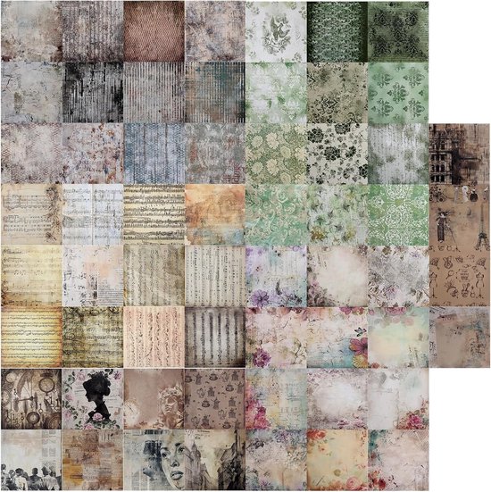 Een collage van 60 vellen vintage scrapbookpapier met diverse patronen: muzieknoten, bloemen, verweerde texturen en landschappen.
