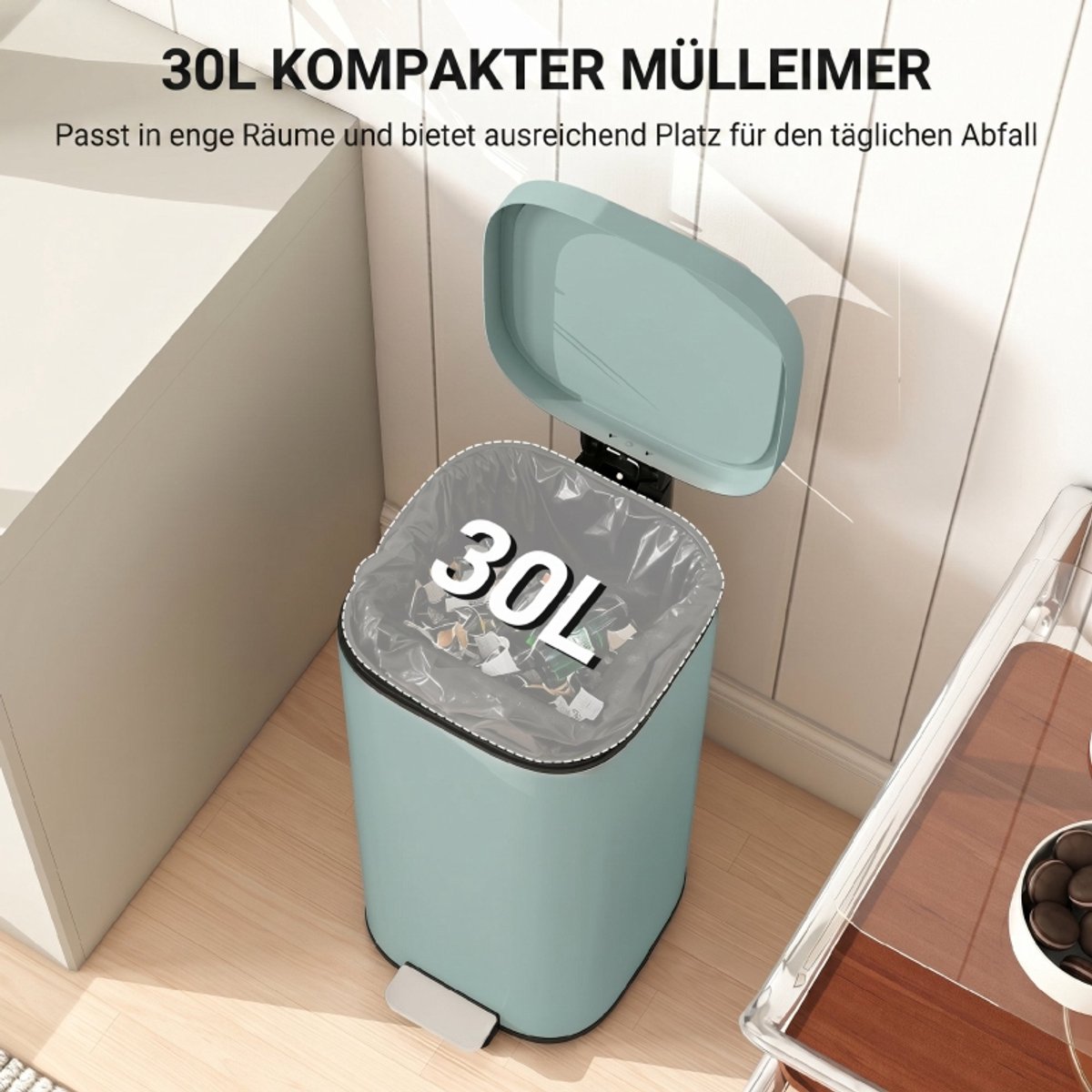 COVREO Pedaalemmer 30L groen metaal, soft-close en uitneembare binnenemmer