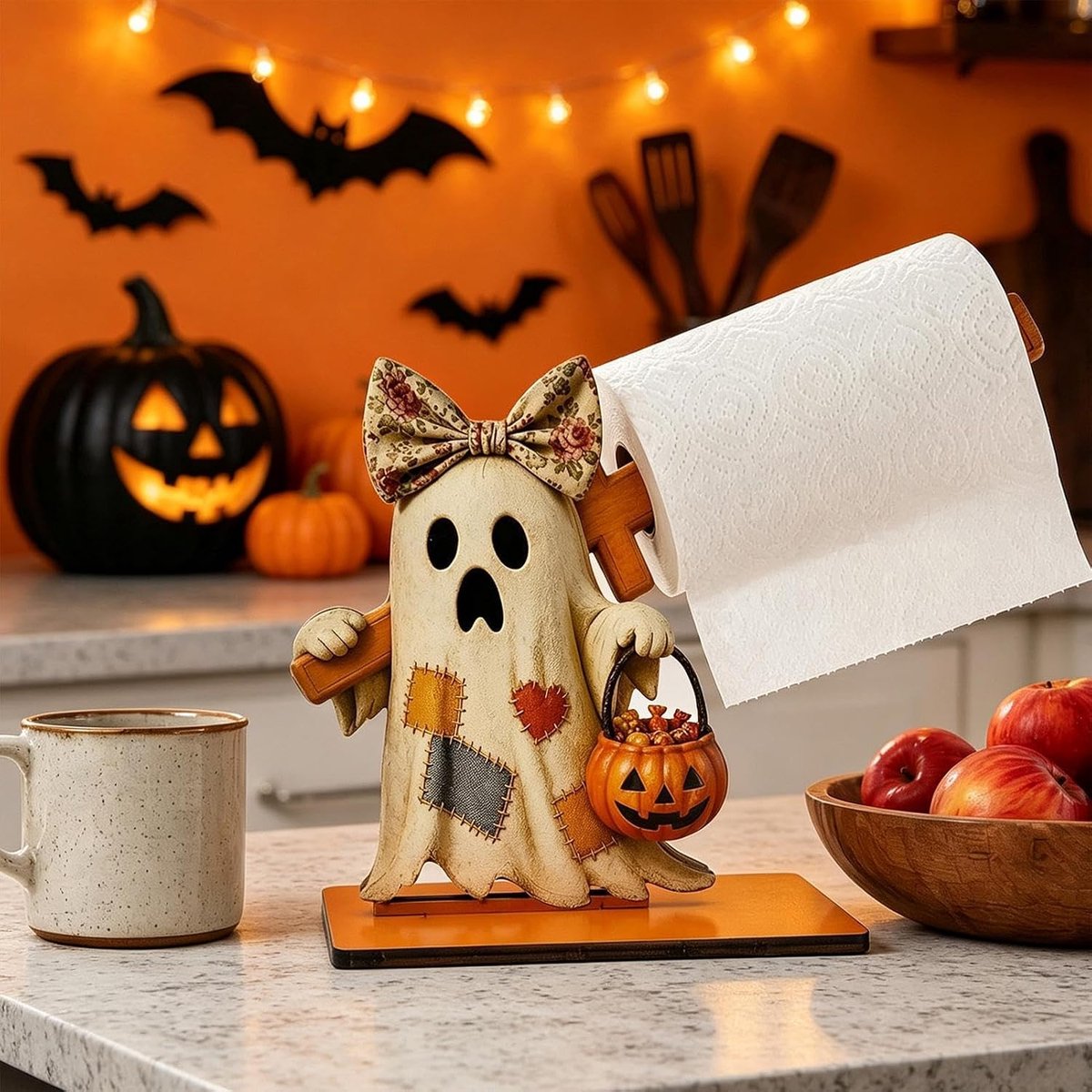 Halloween Keukenrolhouder van Hout - Keukenpapierhouder - Decoratieve Papierrolhouder - Keukenaccessoire - Tafeldecoratie - Staande Keukenrolstandaard voor Keuken en Tafel – Sfeervolle Halloween Tafeldecoratie – 16.5 × 16.5 cm