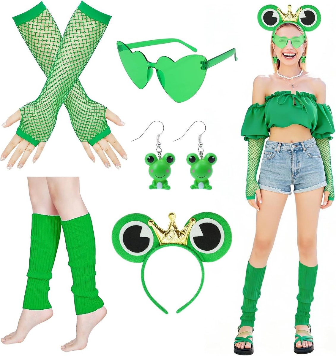 Vijfdelige Kikker Kostuum Set voor Volwassenen met Haarband, Oorbellen, Zonnebril en Handschoenen voor Carnaval en Feestjes