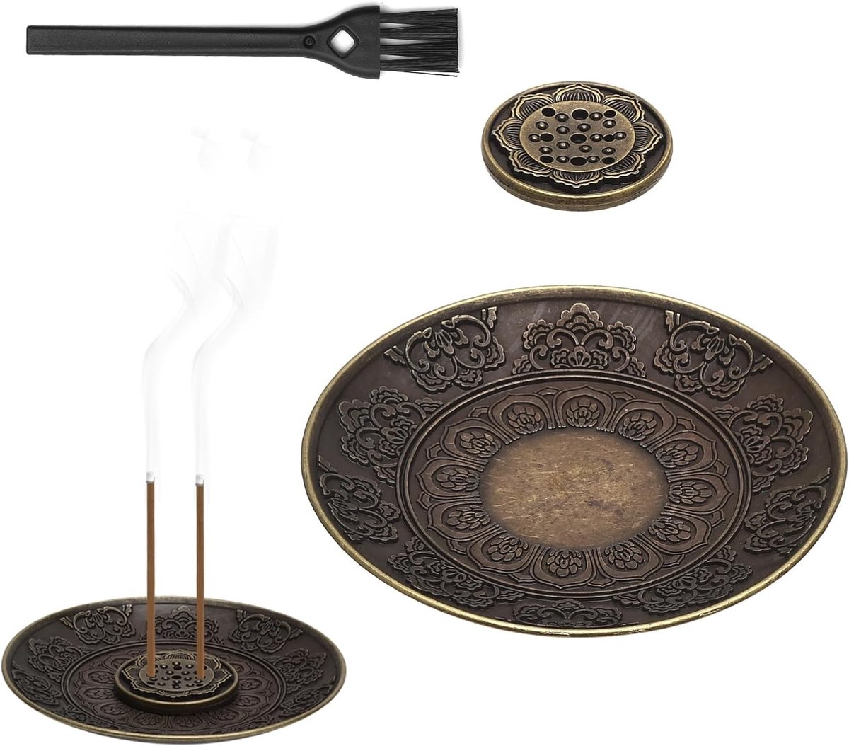 Lotusvormige wierookhouder van messing met brander en schotel voor aromatische wierookstokjes
