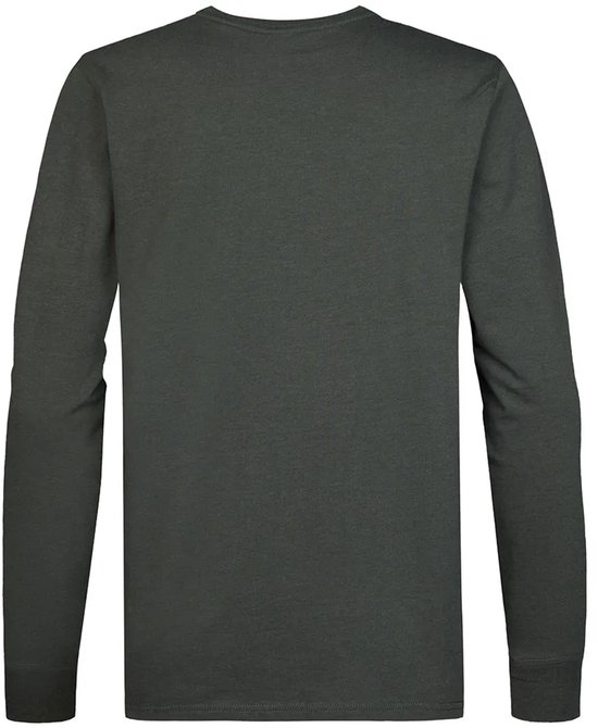Donkergroen T-shirt met lange mouwen, zonder opdruk.