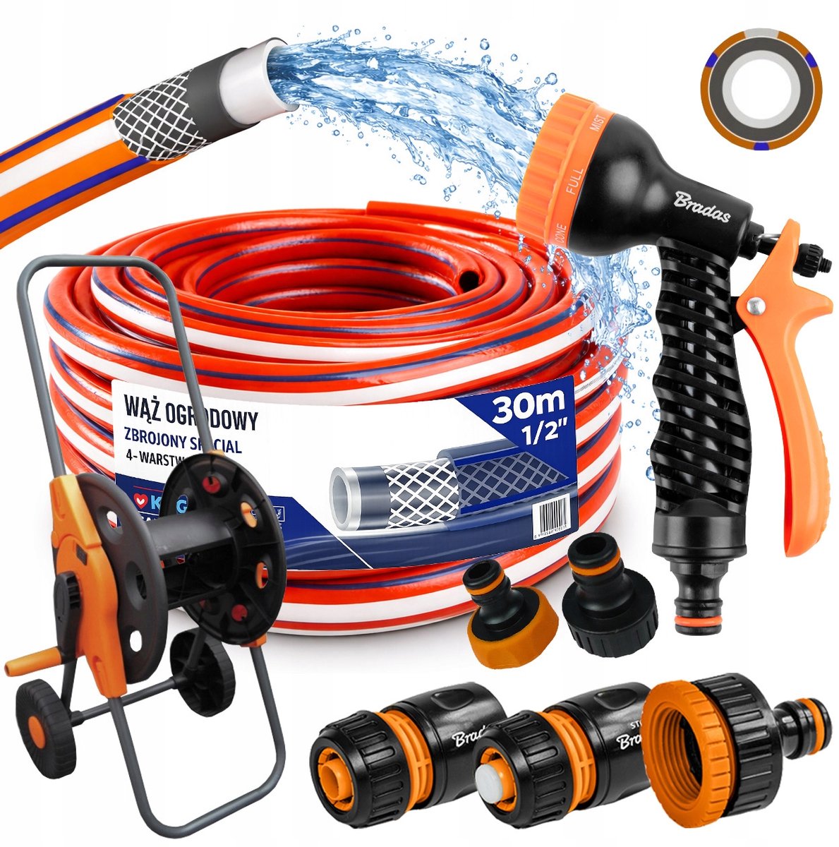Tuinslang 1/2" 30m 4-laags met spuitpistool, vat en koppeling