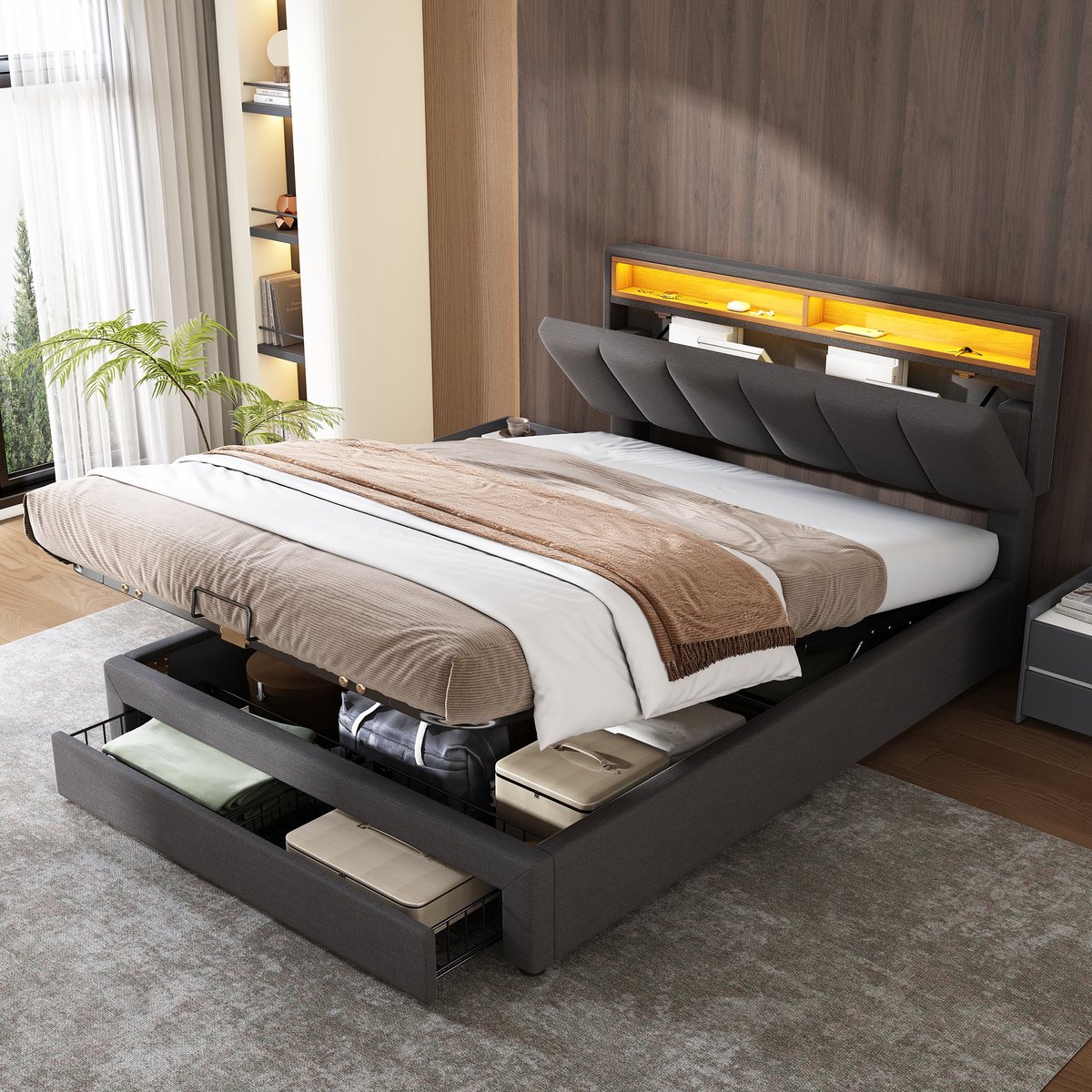 Gestoffeerd bedframe - voor matras 140 x 200 cm - grijs - met LED-verlichting en opbergruimte en lattenbodem - voor de slaapkamer
