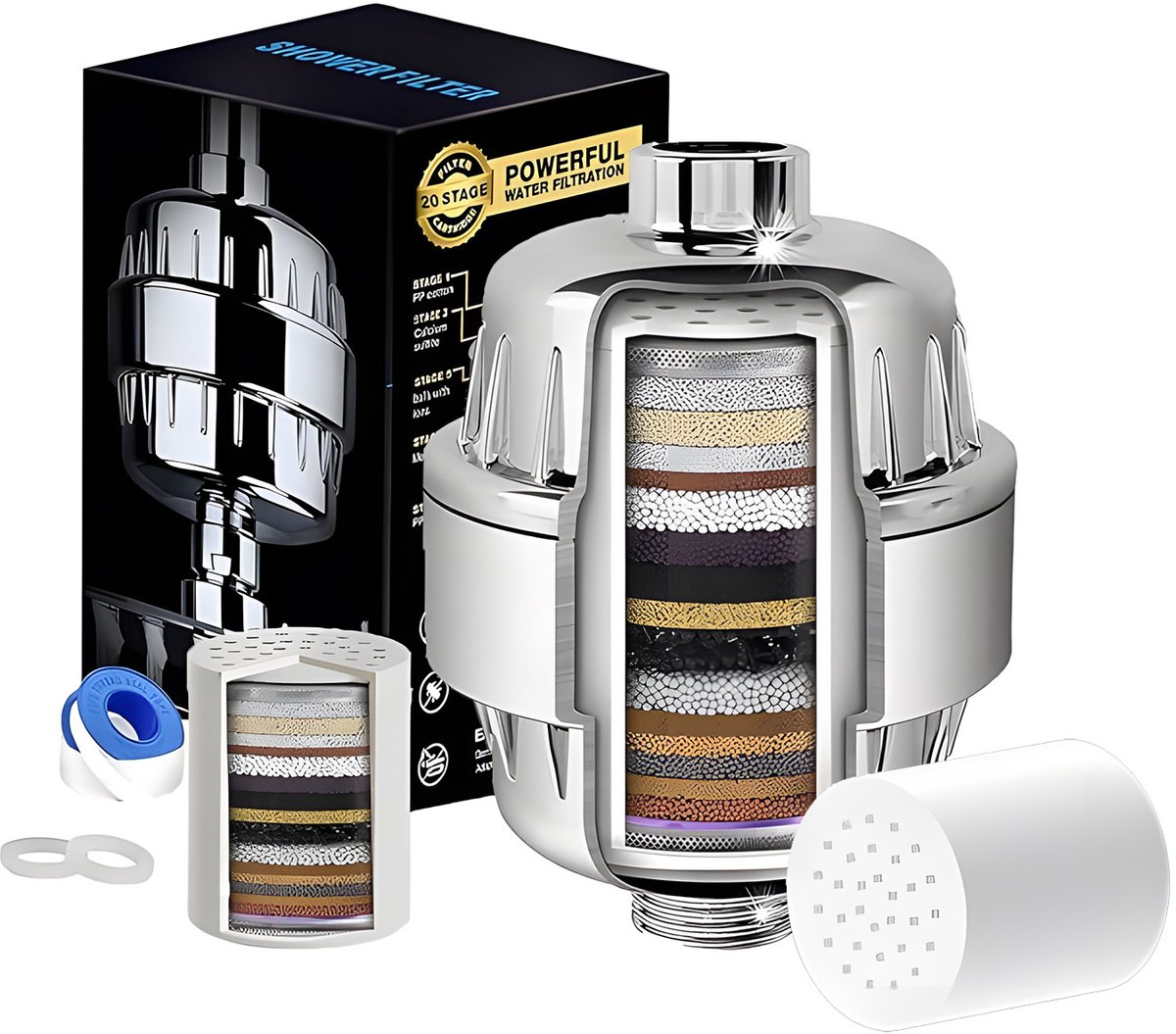 Douchewaterfilter – Uitgerust met 2 filterpatronen – 20 filterstappen – Beschermt de huid – Geschikt voor douchekoppen – Douchefilter – Kraanfilter – Voorverwarmer – Voorfilter – Zilver