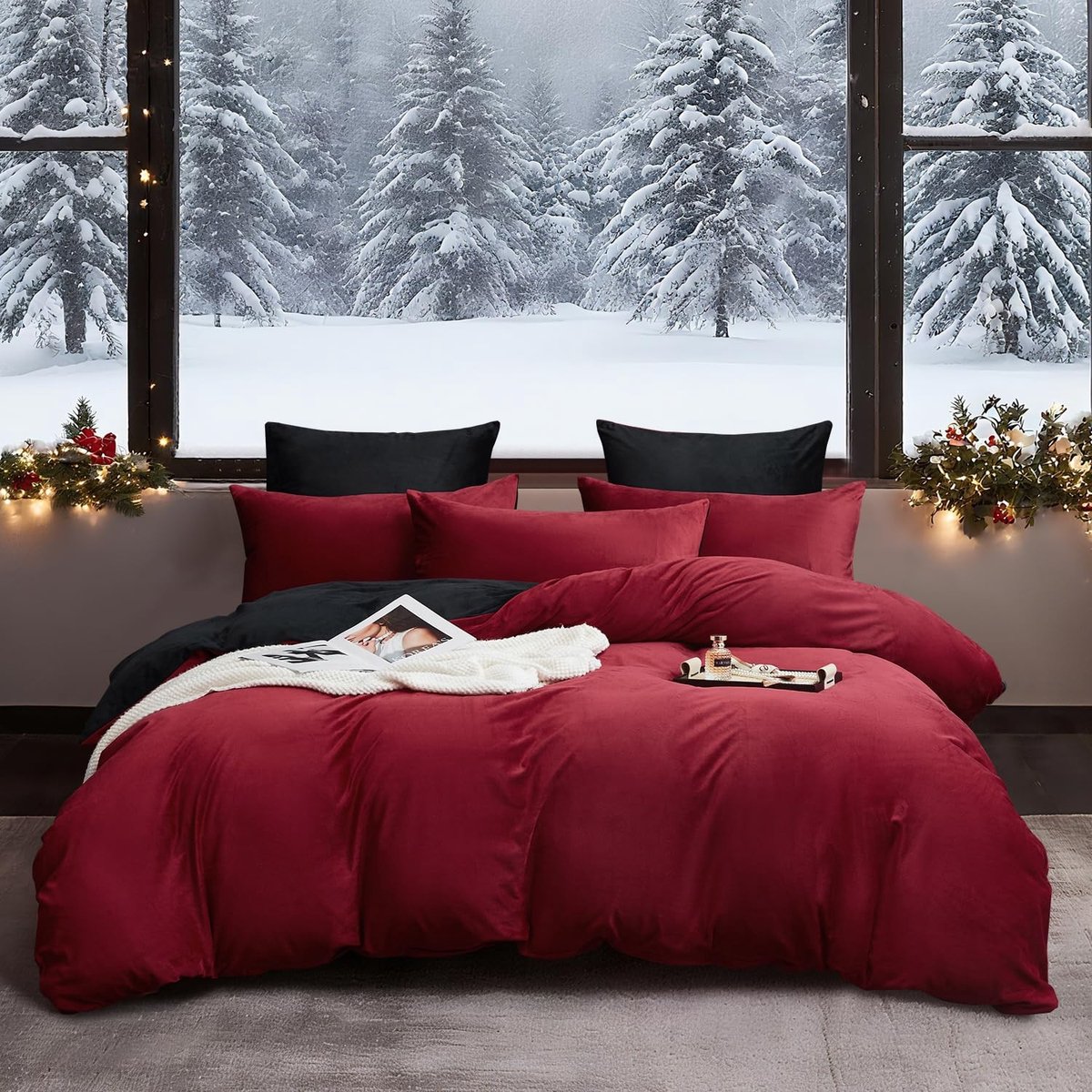 SolidKeus - Winter Dekbedovertrek 200 x 200 cm Fluweel Rood Zwart