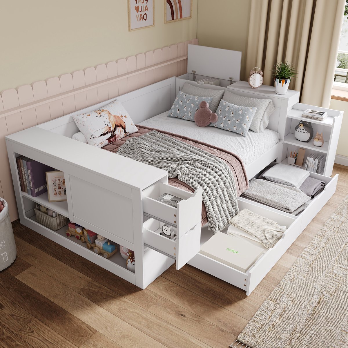 Kinderbed - voor matras 140 x 200 cm - wit - met opbergruimte en lattenbodem - matras niet inbegrepen - voor de slaapkamer