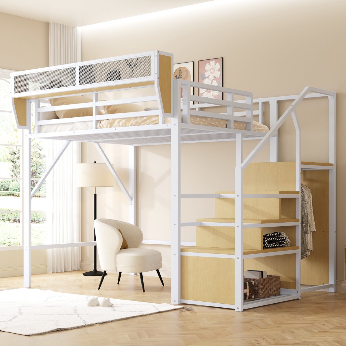 Bedframe - voor matras 140 x 200 cm - wit - met USB-aansluiting - afmetingen 145 x 255 x 191 cm - matras niet inbegrepen - voor de slaapkamer
