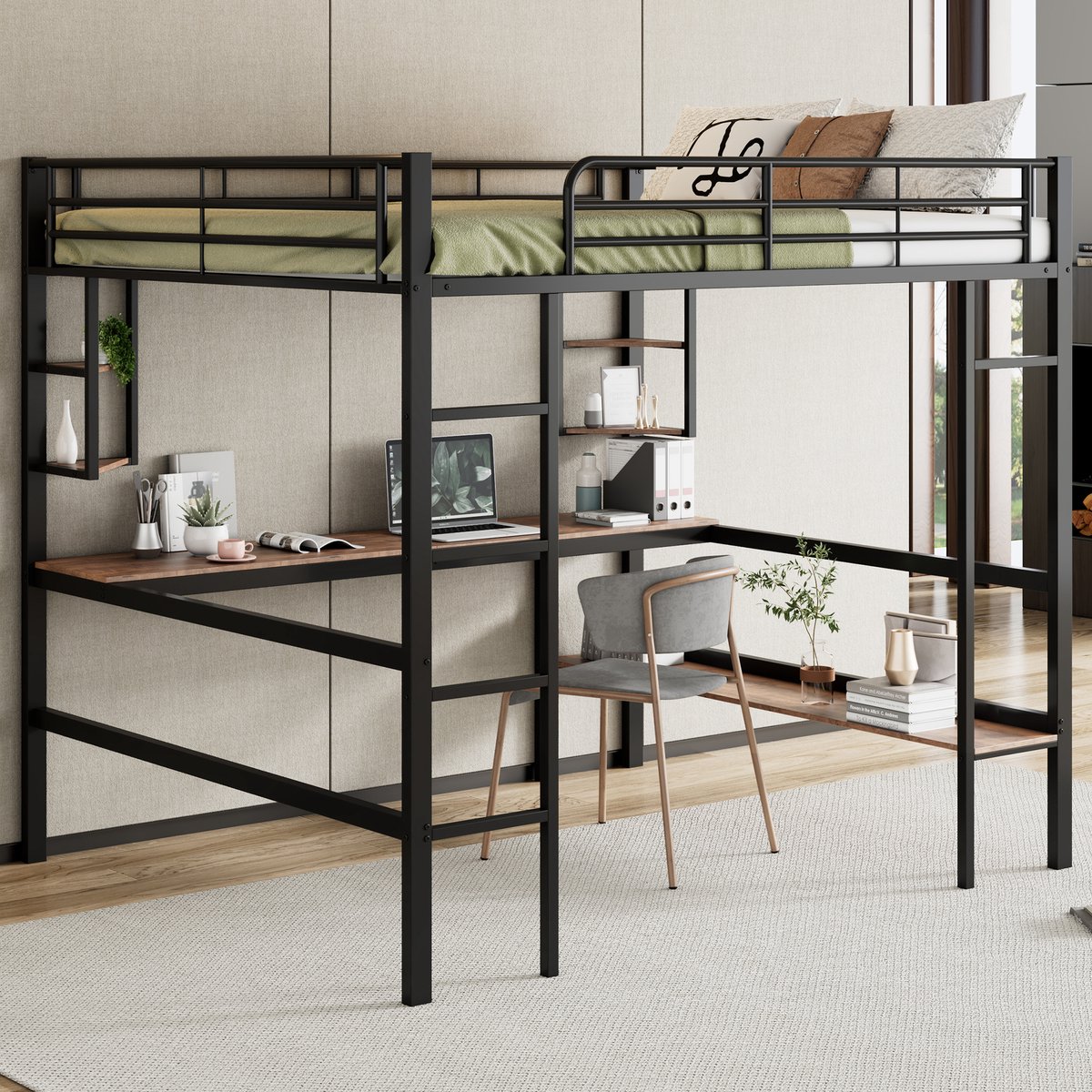 Bedframe - voor matras 140 x 200 cm - zwart - met lattenbodem - afmetingen 145 x 204 x 180 cm - matras niet inbegrepen - voor de slaapkamer