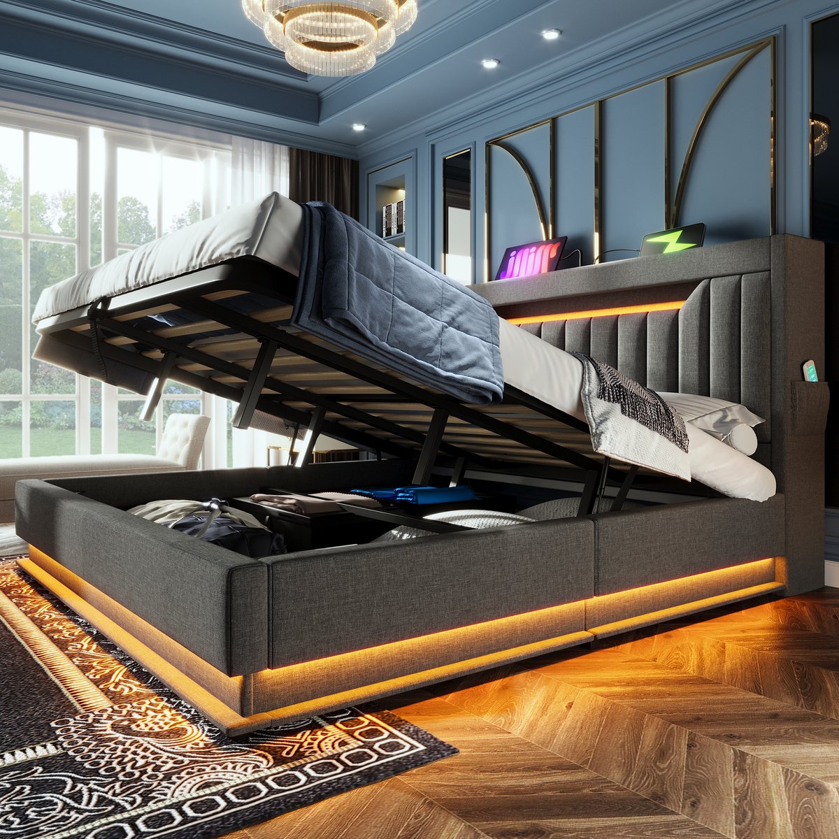 Gestoffeerd bedframe - voor matras 160 x 200 cm - grijs - met LED-verlichting en USB-aansluiting en opbergruimte - voor de slaapkamer
