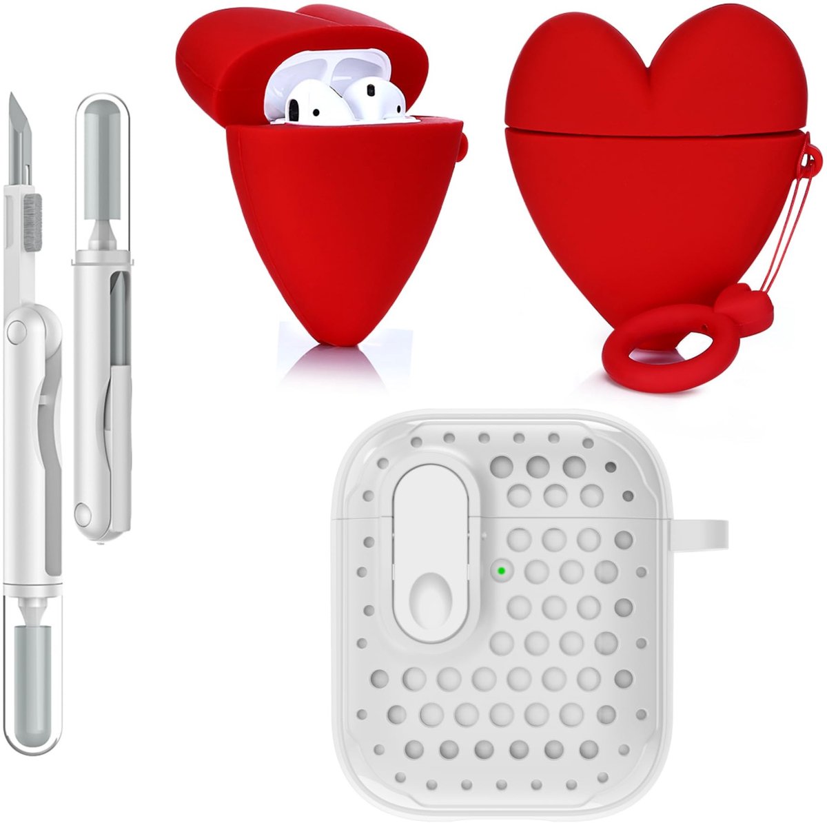 SolidKeus - 3-in-1 Beschermende Case voor Airpods met Reinigingskit (3D Hart)