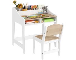 Aiyaplay Kinderbureau met Stoel en Opbergruimte - Kinderbureauset - Studiebureau Kind - Natuurhout en Wit