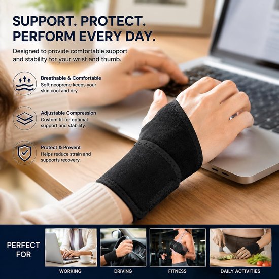 Polsbrace met instelbare compressie - Verlicht pijn bij peesschedeontsteking, artritis & gewrichtsinstabiliteit - Ergonomisch, ademend & links/rechts bruikbaar - Zwarte sportpolssupport — afbeelding 5