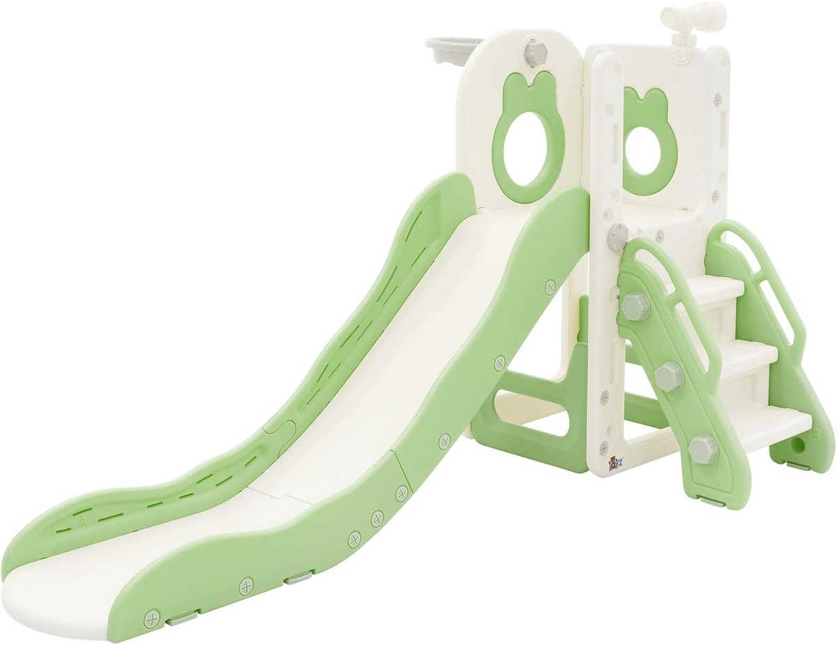 3-in-1 kinderslide kunststof wit-groen speeltoren set voor indoor outdoor glijbaan basketbalring speeltoestel tuinslide peuterslide babyslide vanaf 3 jaar kindvriendelijk glijbaan speelplezier