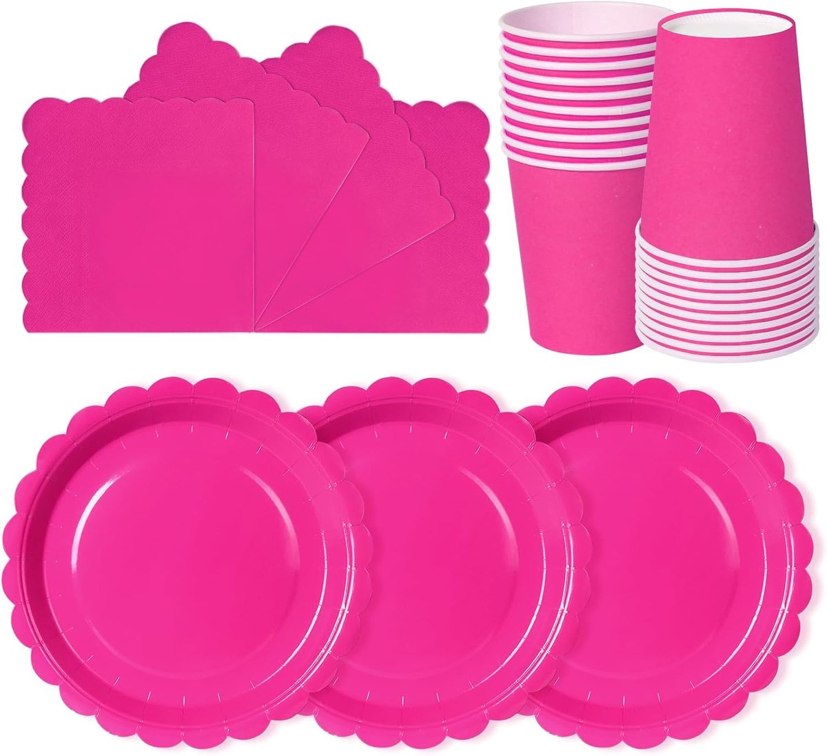 Hailstones Fuchsia, 72-delig servies van papier voor kinderverjaardagen: borden, bekers, servetten, 24 gasten