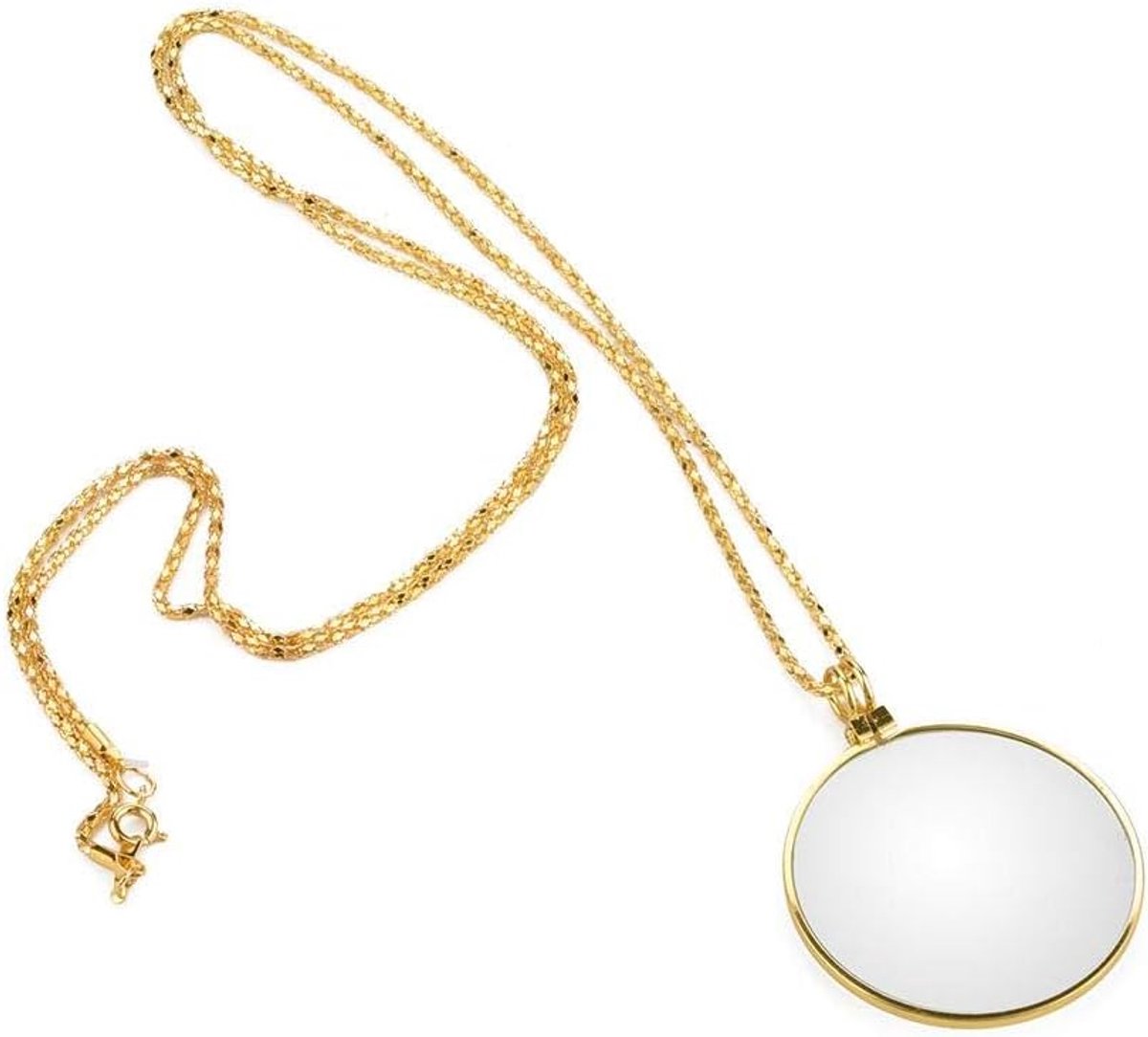 Vergrootglas, 5x vermogen, optische glazen lens, zinklegering, voor sieraden, lezen, hobbyisten, postzegelverzamelaars, 1,8" diameter, 18,1" ketting, goud, zilver