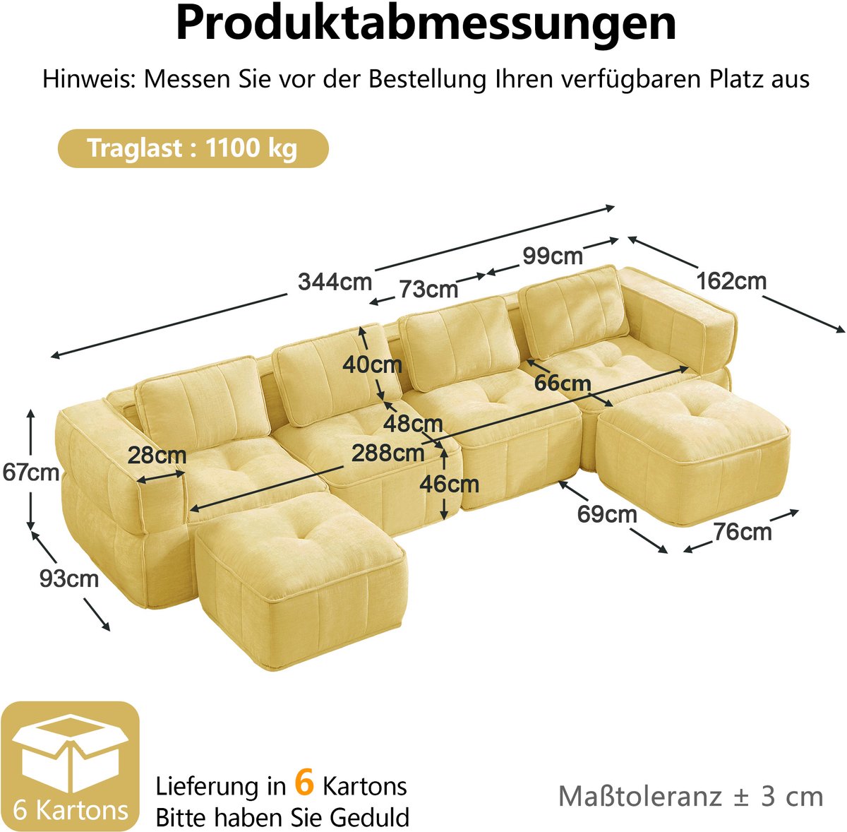 MIVRAY U-Bank 344 x 162 x 67 Cm - Modulaire 4-Zits Met 2 Hockers - Voor Woonkamer - Polyester - Geel