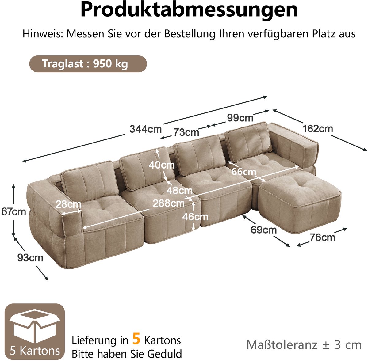 MIVRAY Hoekbank 344 x 162 x 67 Cm L Vorm Modulsofa Met Hocker Comfortabele 32D Schuimvulling Voor Woonkamer Polyester Sand