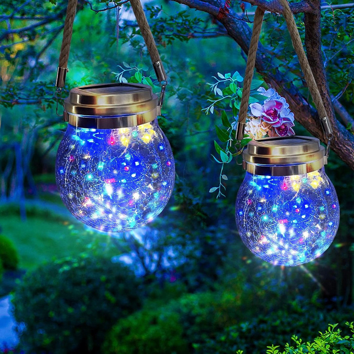 Outdoor Zonne-cellen, Deko, 2 stuks glazen lantaarns voor buiten in de tuin, IP65 waterdicht voor binnenplaatsen, bomen, veranda, paviljoens, patio's (meerkleurig)