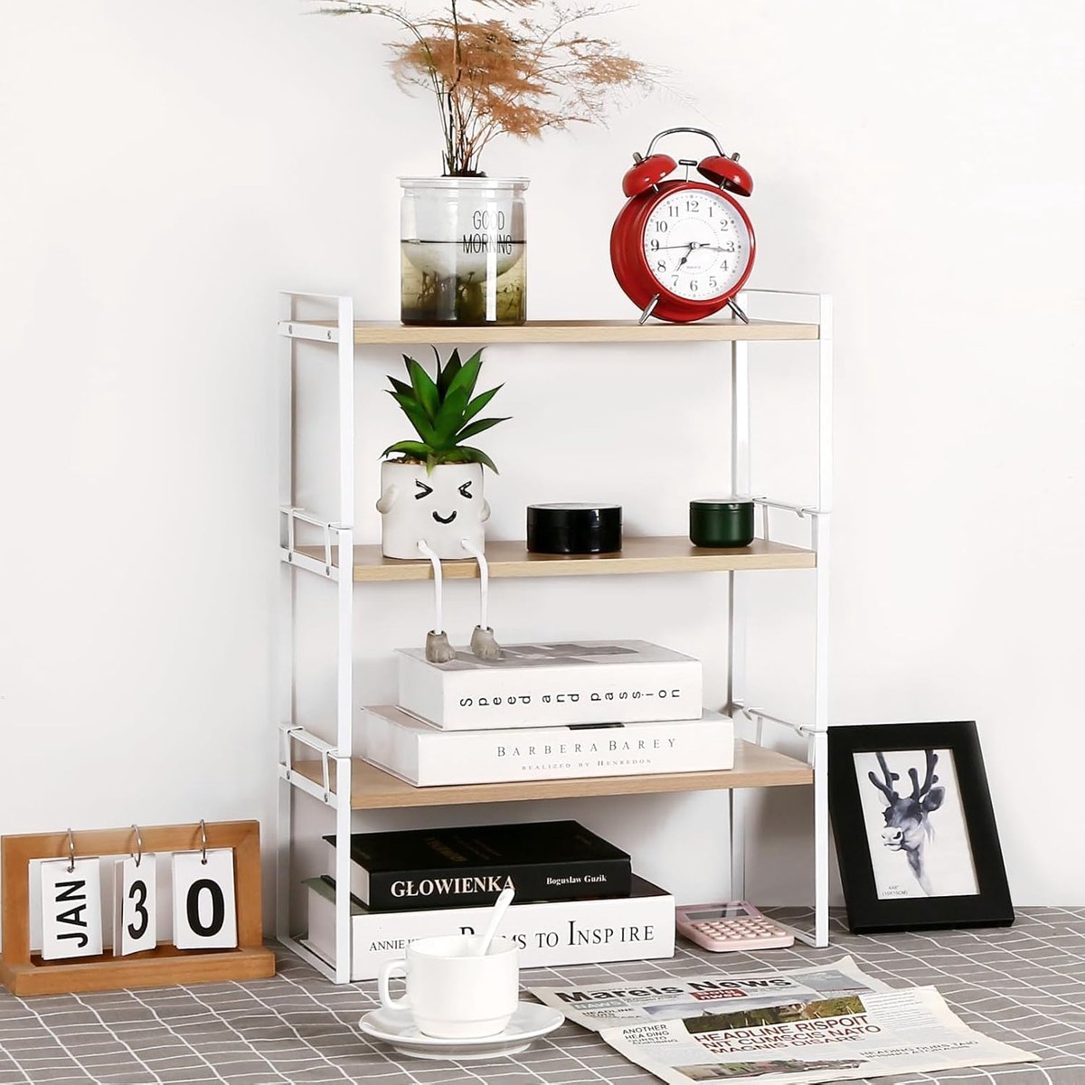 Bureaublad Organizer - Desktop Benodigdheden Schap voor Dresser Top Organisatie Opslagrek en Cubicle Decor Esthetische Boekenplank voor Vrouwen, Mannen en Kinderen (wit-hout 3 niveaus)