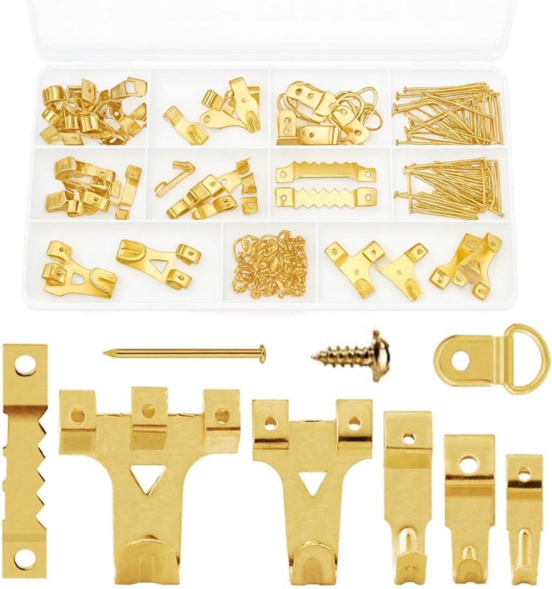 199 stuks haken voor fotolijsten, metalen wandhangers, fotohaken, zware metalen haken om op te hangen met schroeven voor canvas, foto's, klok, spiegel