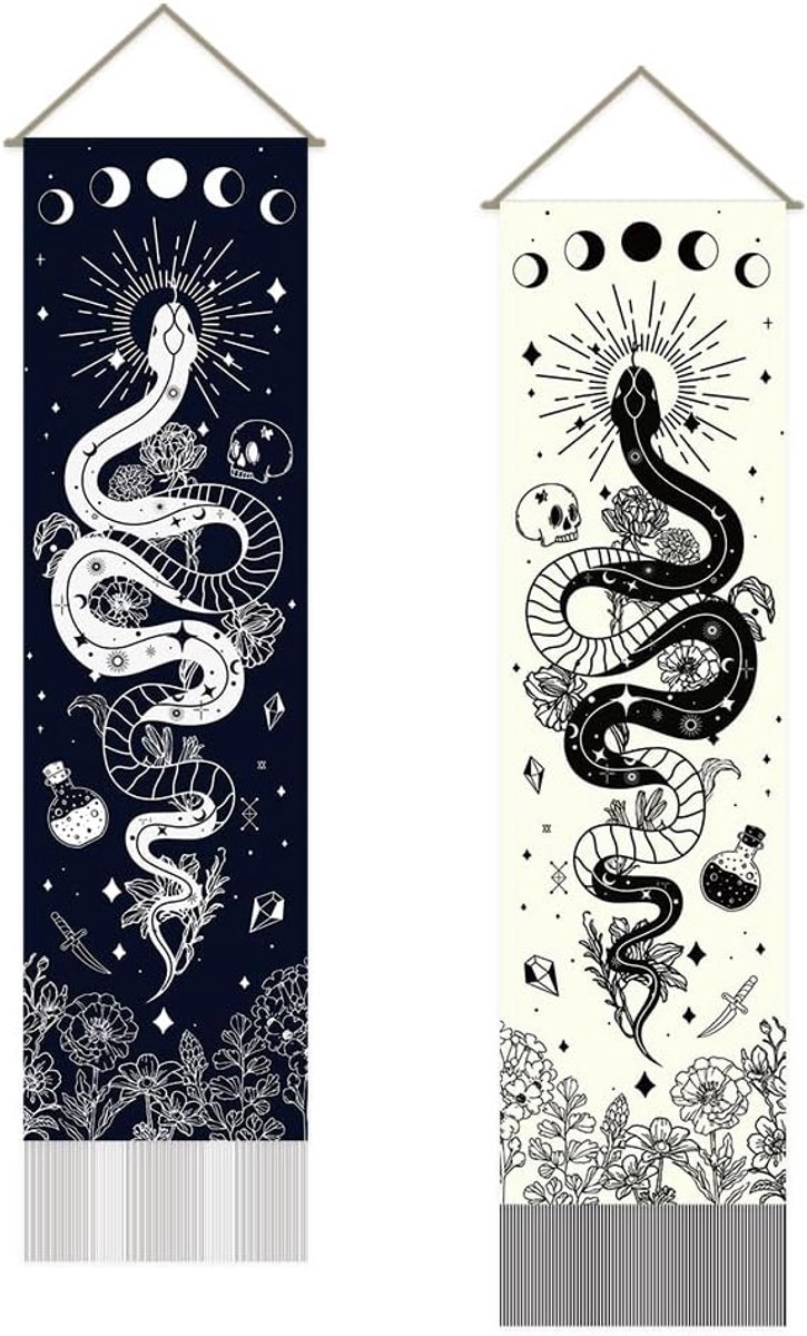 Snake Tarot Tapestry Bloemen Maan Wall Art Tapestry Maan Zon Wanddeken Pack van 2 Wandtapijten Lang Tapijt Muur Opknoping met Kwastje Ontwerp voor Woonkamer Slaapkamer Dorm Achtergrond