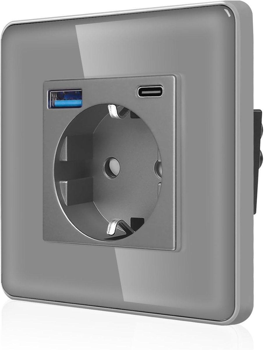 Enkel stopcontact met 2 x USB-poort (max. 2,1 A, type C en USB-A) - eenvoudig Schuko-stopcontact inbouw met 2,5D gebogen glazen plaat - wandcontactdoos met kinderbeveiliging - 1 vak grijs