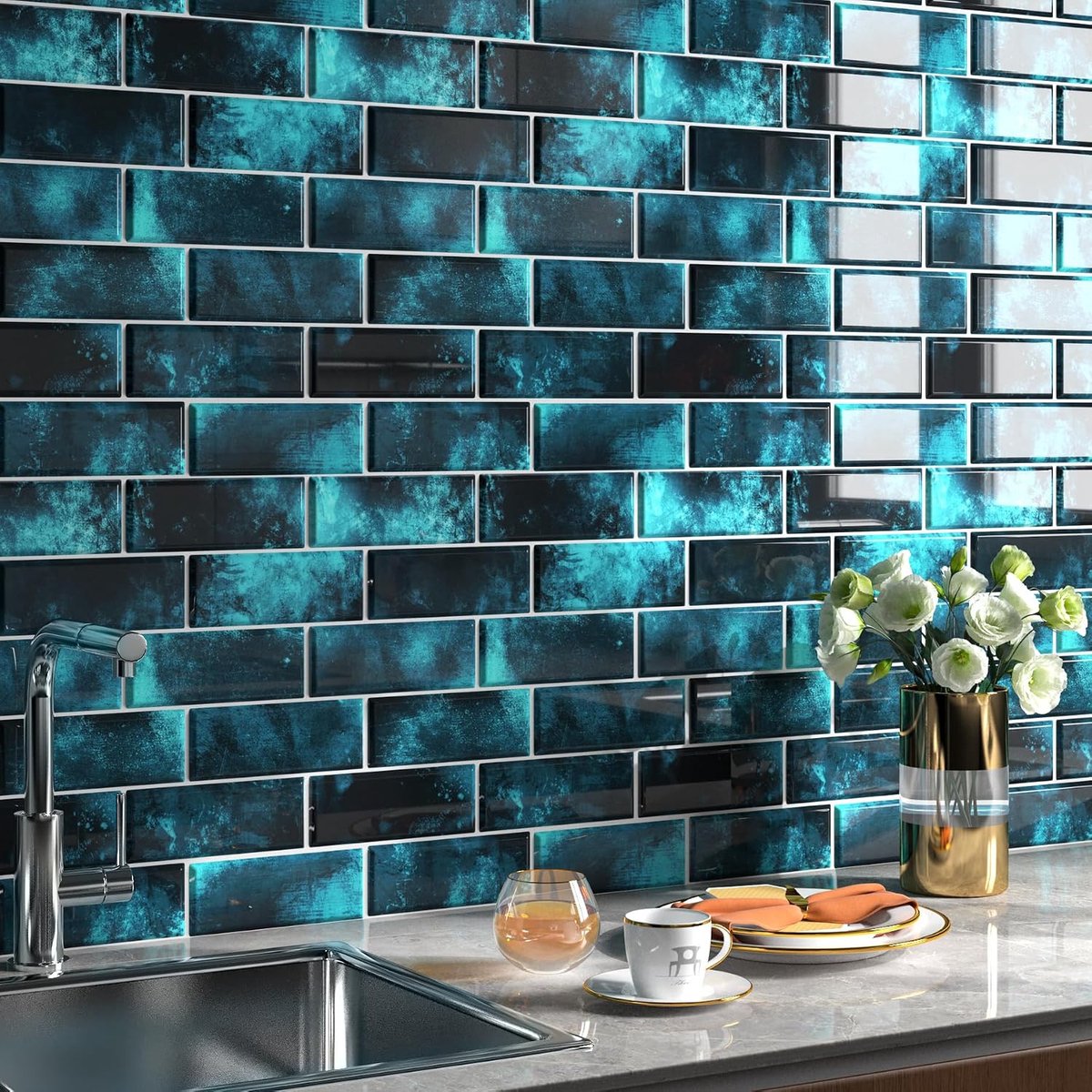 30×30CM 30 stuks Plaktegels Achterwand Wasbaar Muurtegels Zelfklevend Keuken Donkerblauw Muursticker Keuken Zelfklevende Tegels Muur Waterdicht Badkamer Tegelstickers 3D