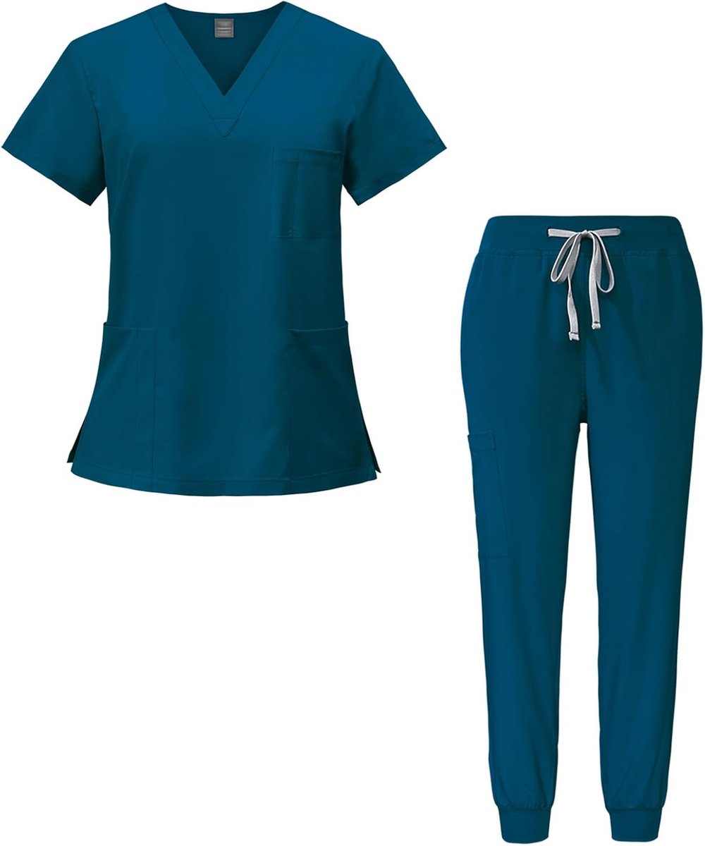 Overall pak V-hals korte mouwen top met 3 zakken slanke broek sneldrogend unisex DK05