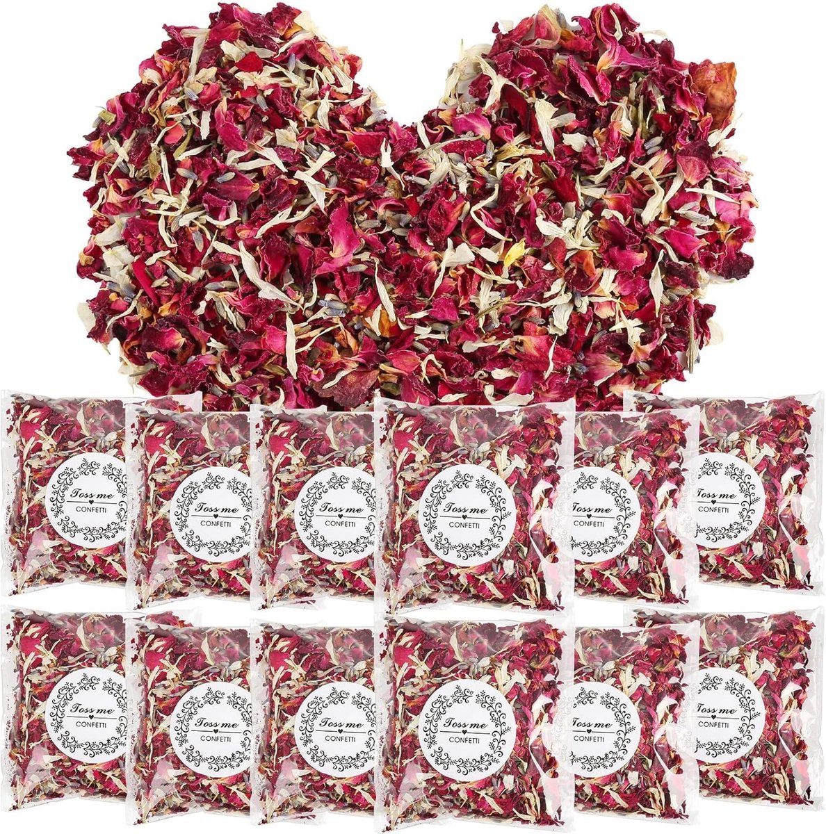 Verpakking met 12 kegels van natuurlijke gedroogde bloemen - natuurlijke bloemblaadjes voor bruiloften - confetti - biologisch afbreekbare rozenblaadjes met witte chrysanten en lavendel om te streven