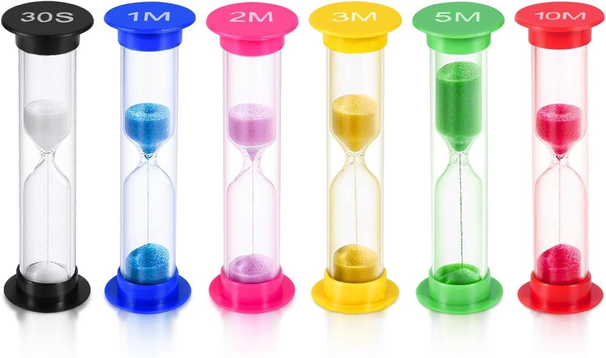 Set Van 6 Kleurrijke Zandlopers – Zandloper voor volwassenen En Volwassenen (30S / 1/2 / 3/5 / 10 Minuten), Voor In De Keuken, Met Spelletjes, Op School En Om Je Tanden Te Poetsen.