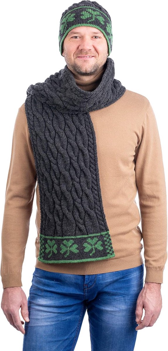 100% Merino wol drie shamrock Merino wollen sjaal, in natuurlijk/houtskool/marine/groen