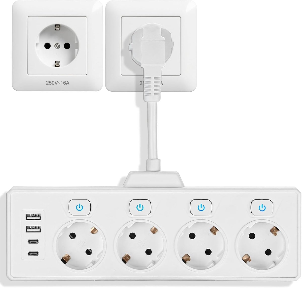 Stekkerdoos met USB, meervoudige stekkerdoos met 4 Schuko & 2 USB A & 2 USB C, 8-in-1 stopcontact met schakelaar, stekkerdoos 4-voudig voor kantoor thuis