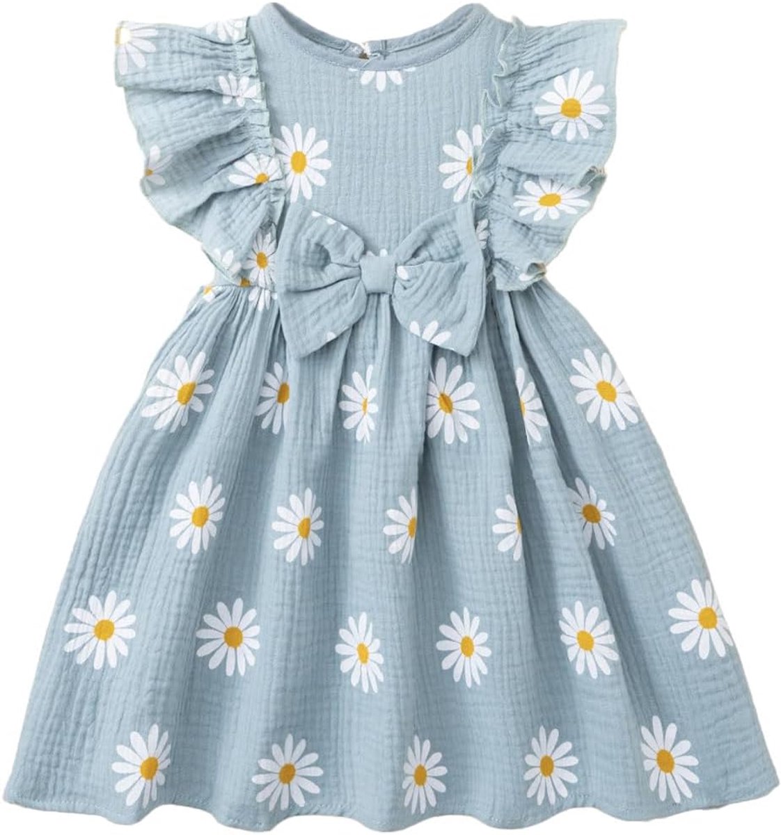 Zomerjurk voor kleine meisjes met ruches, ronde hals, knoopsluiting, casual, herfst, A-lijn, party, kinderjurk, 2-6 jaar