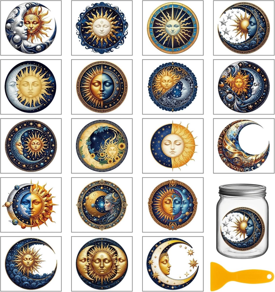 18 vellen zon maan magische overdracht stickers 9,5 x 9,6 cm maanfase kleurrijke overdracht sticker magische wrijven op overdracht voor beker sticker vaas glas kunst ambachten decoraties